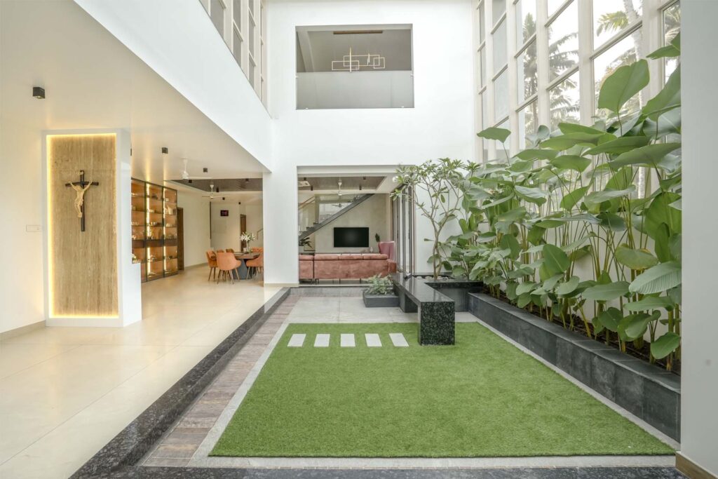 alt="Sustainable interior design elements with natural light and greenery